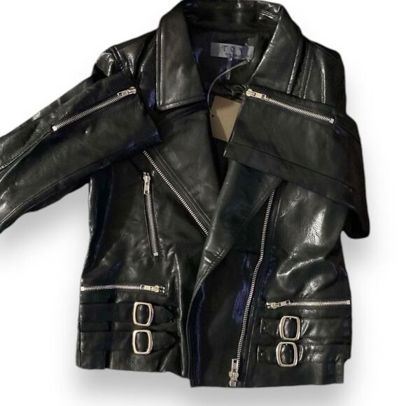 Black Double Buckle Side Straps Multi Zippers Graffiti Back Moto Bikers Jacket - Picture 3 of 5